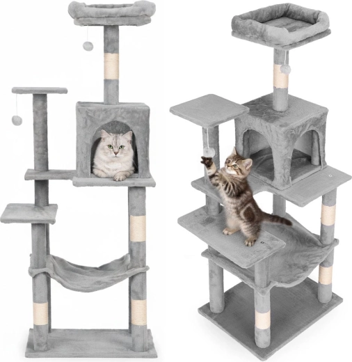 Arbre à chat 146 cm avec maisonnette et hamac PETSI, gris