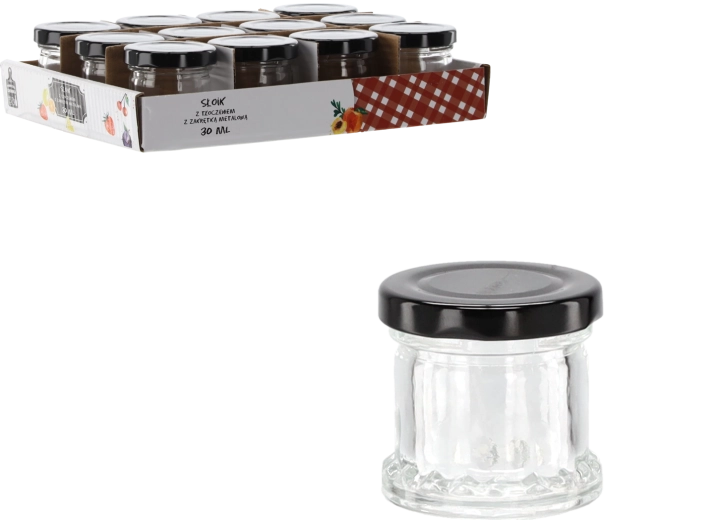 Glazen potje 30 ml met reliëf en zwart metalen deksel