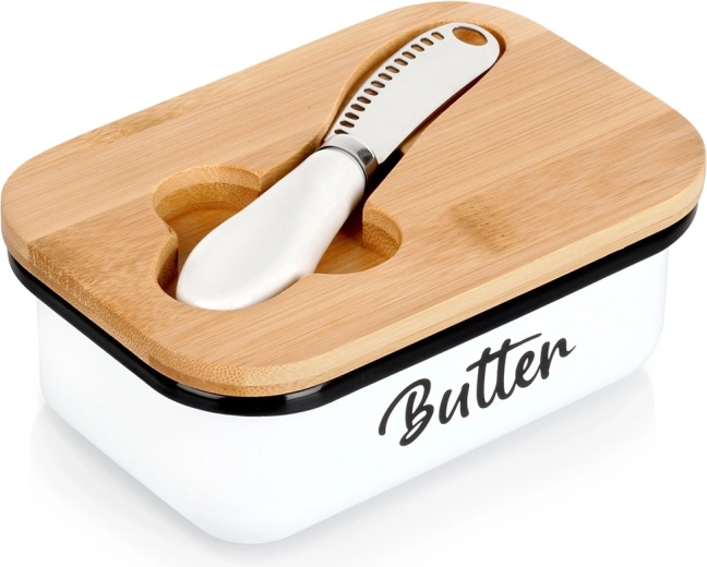 Butterdose aus weißem emailliertem Metall mit Bambusdeckel und Messer