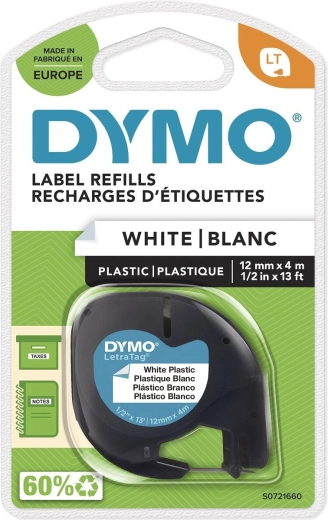 Ruban DYMO LetraTag plastique 12 mm × 4 m, blanc