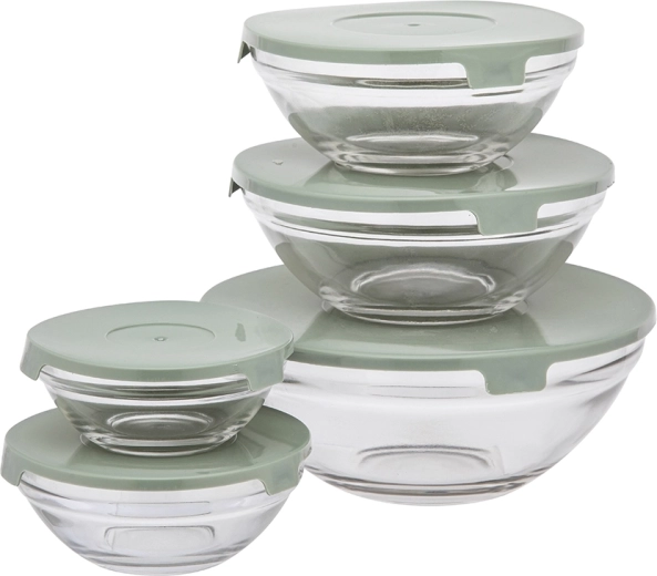 Set of 5 glass bowls with green lids