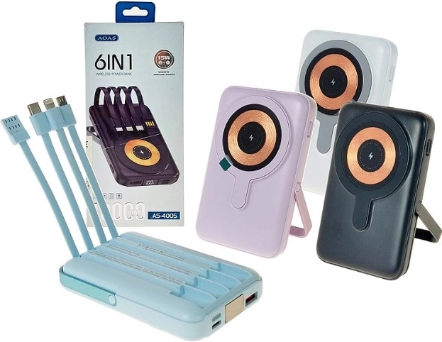 6-in-1 powerbank met draadloos opladen 10.000 mAh en ingebouwde kabels