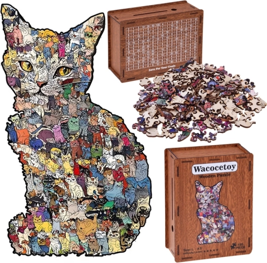 Wooden cat puzzle 2-in-1 with a box–money box (vintage), A3, 195 pieces