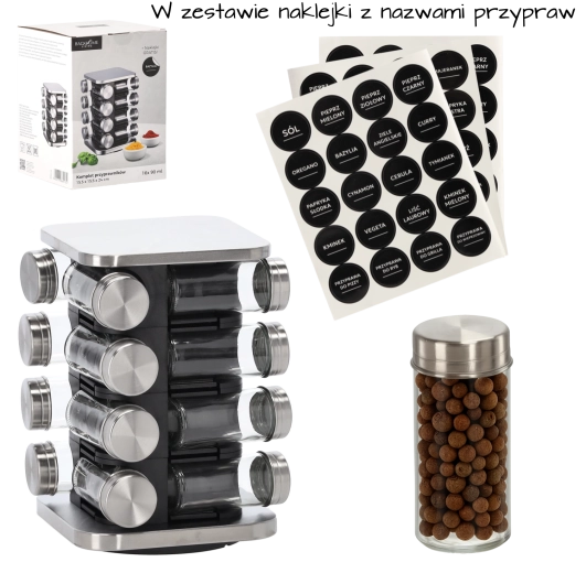 Vierkante draaibare kruidenstandaard 15,5 × 15,5 × 24 cm met 16 glazen kruidenpotjes, zwart‑zilver