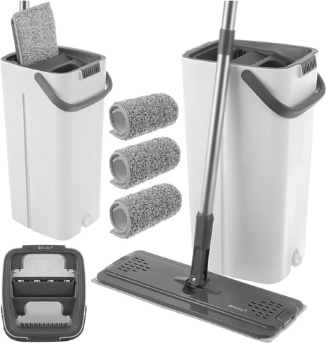 Flat mop with double-chamber 8.5 l bucket RUHHY with wringing system and 3 replacement pads