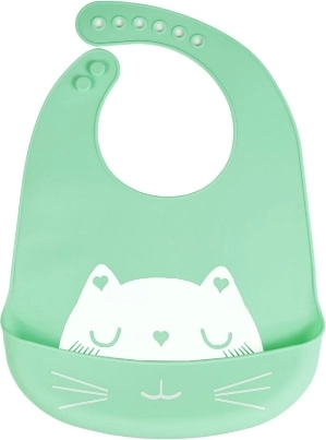 Silikonlätzchen mit Tasche für Kinder - grün, Katze