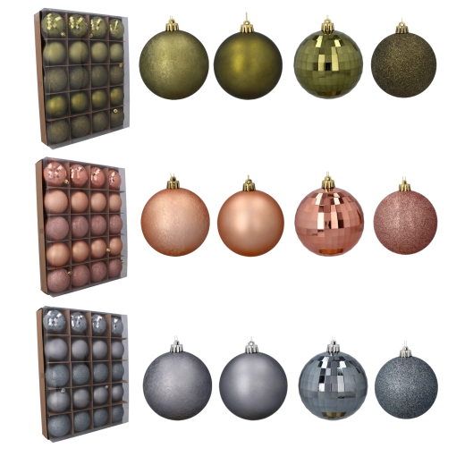Set of 20 Christmas Balls 8 cm – Olive, Copper and Graphite, Mixed Finishes