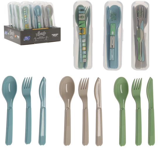 Plastic reisbestek in etui – lepel, vork en mes, blauw