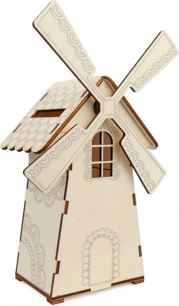 Wooden Piggy Bank in the Shape of a Mill with Light