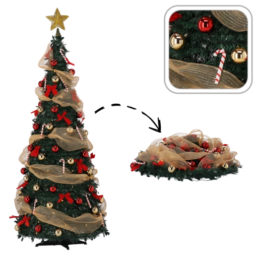 Sapin de Noël artificiel pliable Lidia 180 cm avec éclairage LED et décorations - 1 pièce