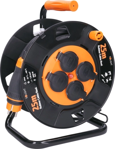 Solight verlengsnoer op haspel 25 m, 4 stopcontacten, rubberen kabel, IP44