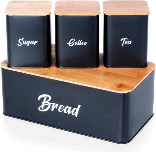 Boîte à pain en métal noire avec couvercle en bambou et ensemble de boîtes pour sucre, café et thé, 4 pcs
