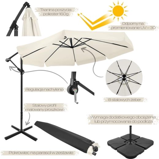 Parasol de jardin pliant XXL 350 cm avec volant, beige, à 8 baleines, y compris housse imperméable