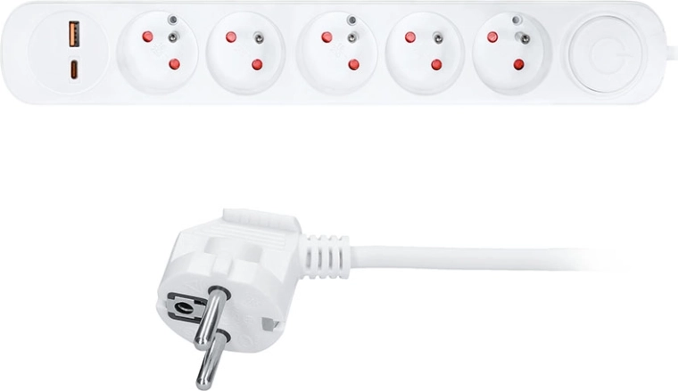 Solight-verlengsnoer met 5 stopcontacten en USB-A/C-opladen, 3 m, wit