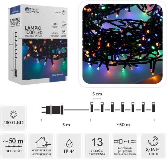 LED Christmas light string 1000 LEDs multicolor 50 m, indoor/outdoor - 1 piece