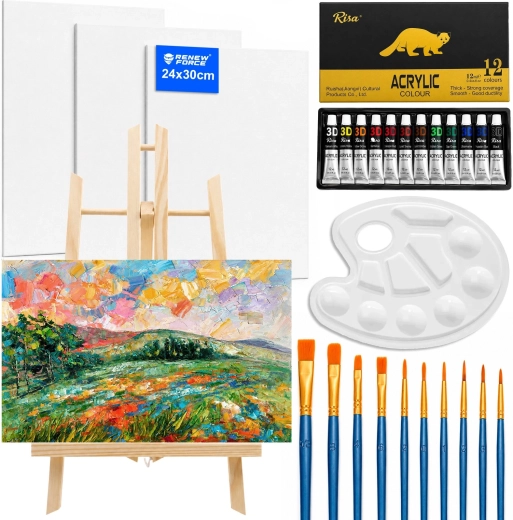 Kids' painting set Renew Force with easel, acrylic paints, brushes and canvases - 1 piece