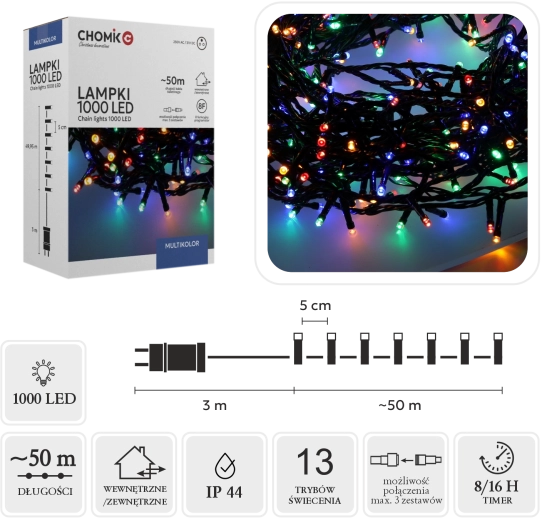 LED Christmas light string 1000 LEDs multicolor 50 m, indoor/outdoor - 1 piece