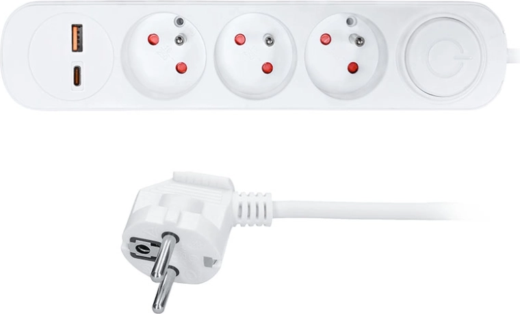 Solight-verlengsnoer met 3 stopcontacten, USB-A en USB-C PD 20 W, 5 m, wit