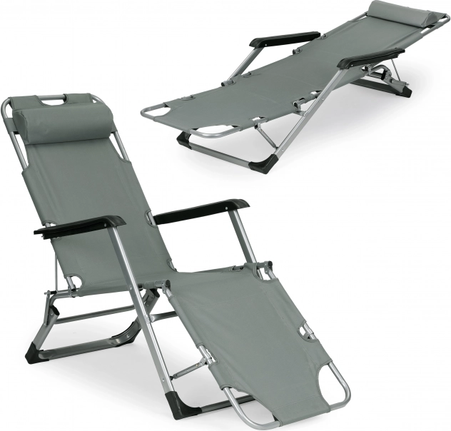 Garten-Klappliege 2-in-1 mit Verstellung und Kopfkissen, grau, MultiGarden