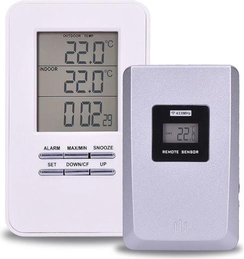 Solight drahtloses Thermometer mit Außensensor, Uhr und Wecker, weiß