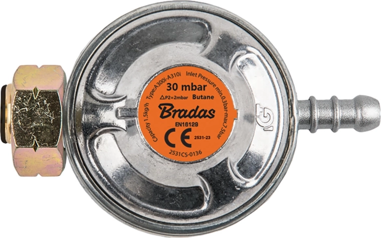 Drukregelaar voor propaan‑butaan 30 mbar, 1,5 kg/u
