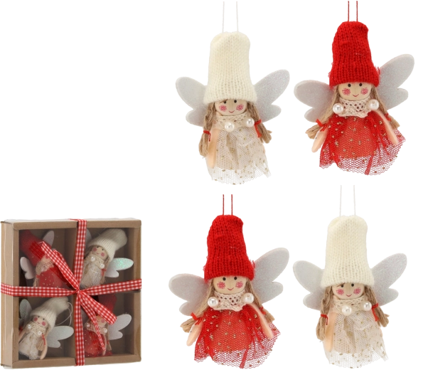 Set kerstboomornamenten engeltjes met muts, 4 stuks