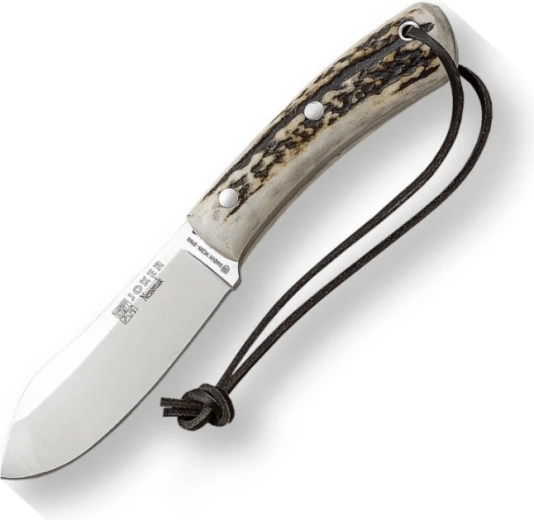 Joker Nessmuk bushcraft jachtmes, 11 cm, hertengewei, leren foedraal