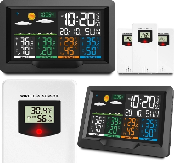 Station météo sans fil avec écran couleur et 3 capteurs BD-904 noire