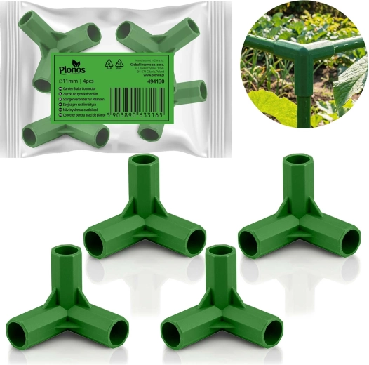Green three-way connectors for 11 mm garden poles – set of 4