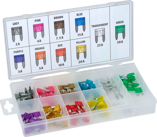 Set mini-auto-meszekeringen in doosje, 100 stuks, 2–30 A