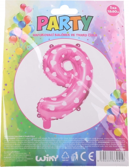 Inflatable number 9 balloon, pink with hearts