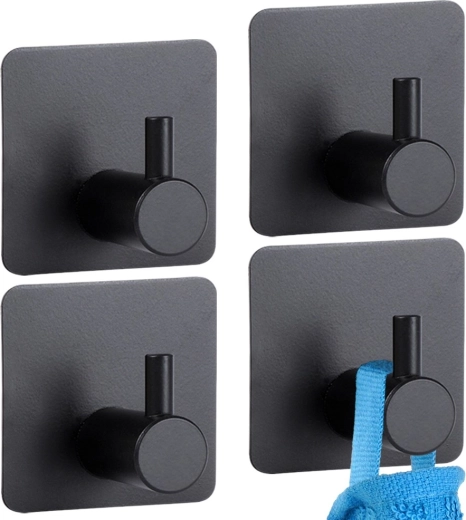 Self-adhesive stainless steel hooks black, set of 4 pcs
