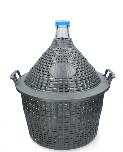 Glazen mandfles 25 l met smalle hals en kunststof mand