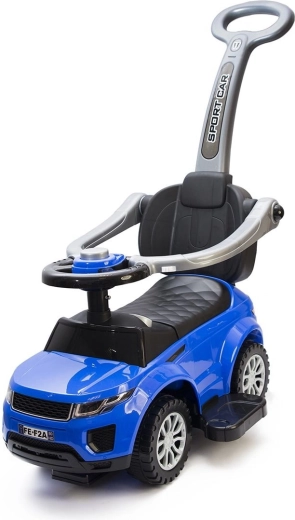 Children's ride-on and balance bike 2-in-1 with push handle and horn, blue