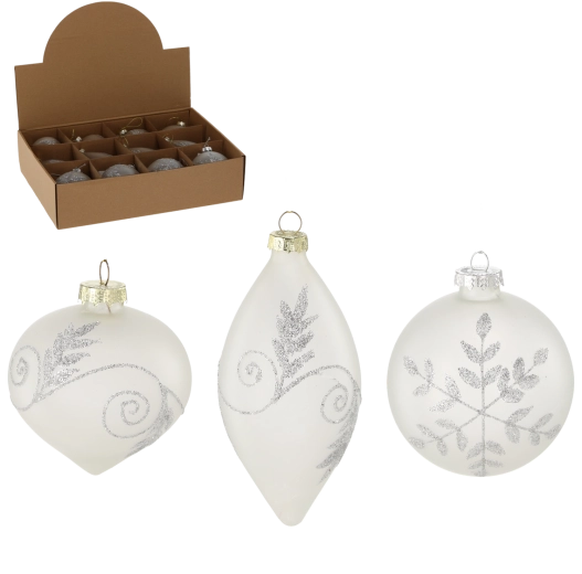 Boule de Noël en verre blanche mate – mix de motifs