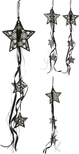 Hangende houten ster met linten 16 cm – zwart‑gouden decoratie
