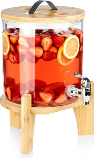 Distributeur de boissons en verre avec robinet et support en bambou 5 l