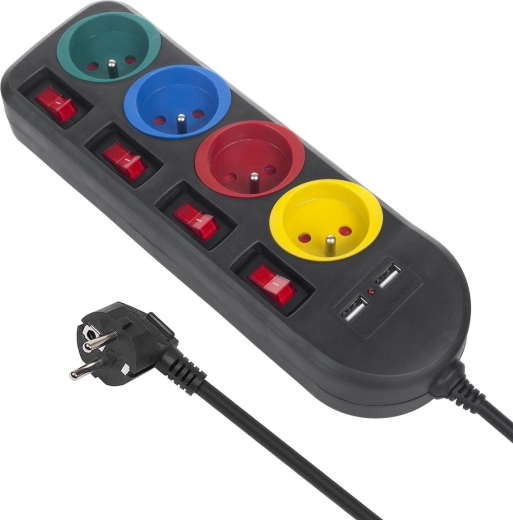 Power strip with switches, 4 sockets and 2× USB – Black
