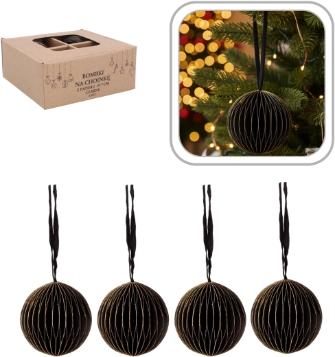 Set van zwarte papieren kerstballen 7 cm (4 stuks) Chomik