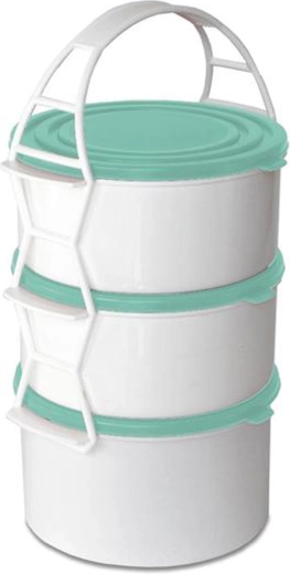 Porte-repas en plastique TORO, 3 étages, 2×1,3 l + 1,7 l, couvercles de couleurs assorties