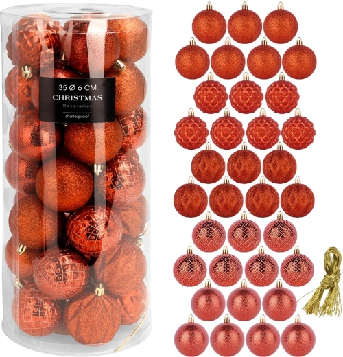 Shatterproof Red Christmas Baubles 6 cm, Set of 35