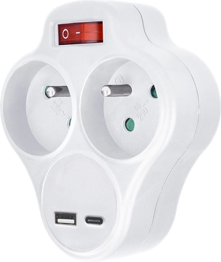Solight stekkerdoos met stopcontacten en 20 W PD-snelladen via USB, wit