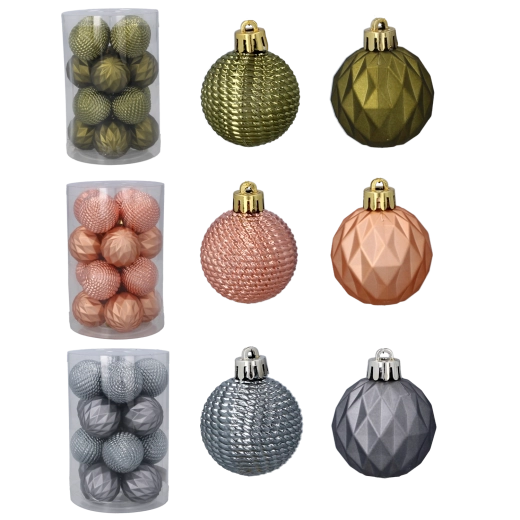 Set de boules de Noël 4 cm – olive, cuivré et graphite (16 pièces)