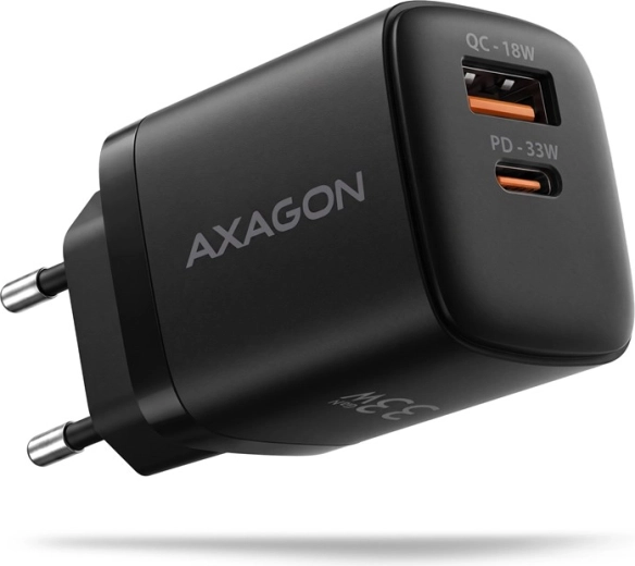AXAGON GaN 33 W mains charger with 2 USB-C and USB-A ports, black