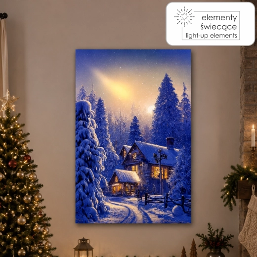 Canvas picture with LED lighting – winter house in the forest 40 × 60 × 3.2 cm - 1 piece