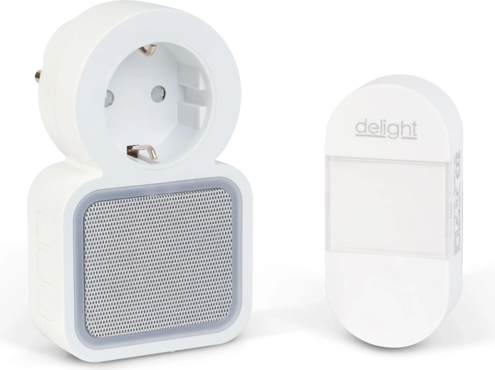 Wireless battery-free kinetic plug-in doorbell with blue LED