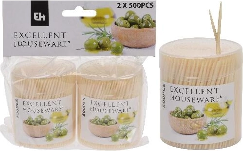 Bamboo double-ended toothpicks with round case, 2 × 500 pcs