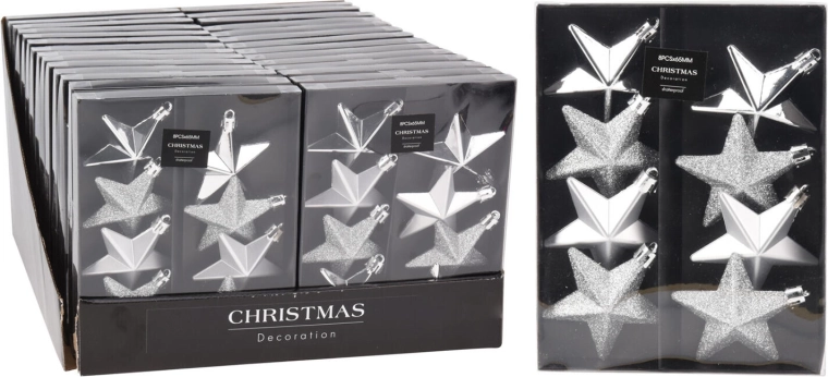 Kerststerren 6,5 cm – zilverkleurige mix (8 stuks)