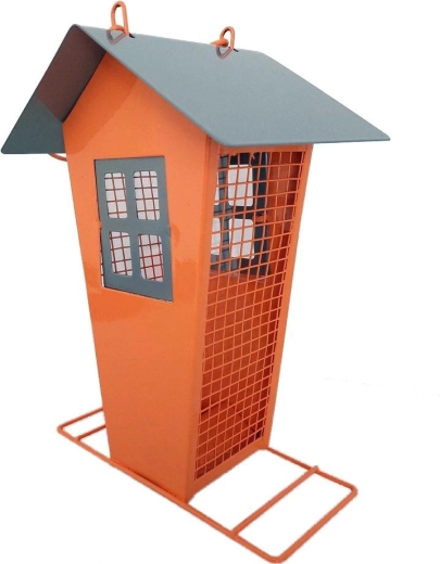 Vogelhäuschen-Futterspender aus Metall in Hausform