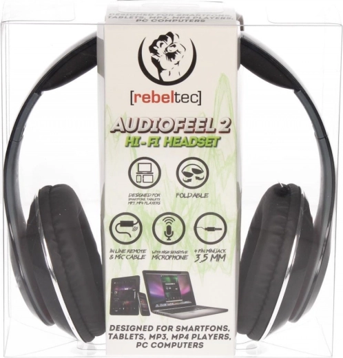 AUDIOFEEL2 Black stereo headphones with microphone, 4‑pin 3.5 mm jack